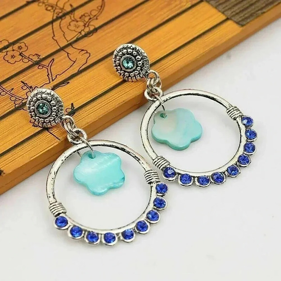 Blue Mother of Pearl Austrian Crystal Antiqued Silver Post Dangle Earrings - Picture 1 of 1